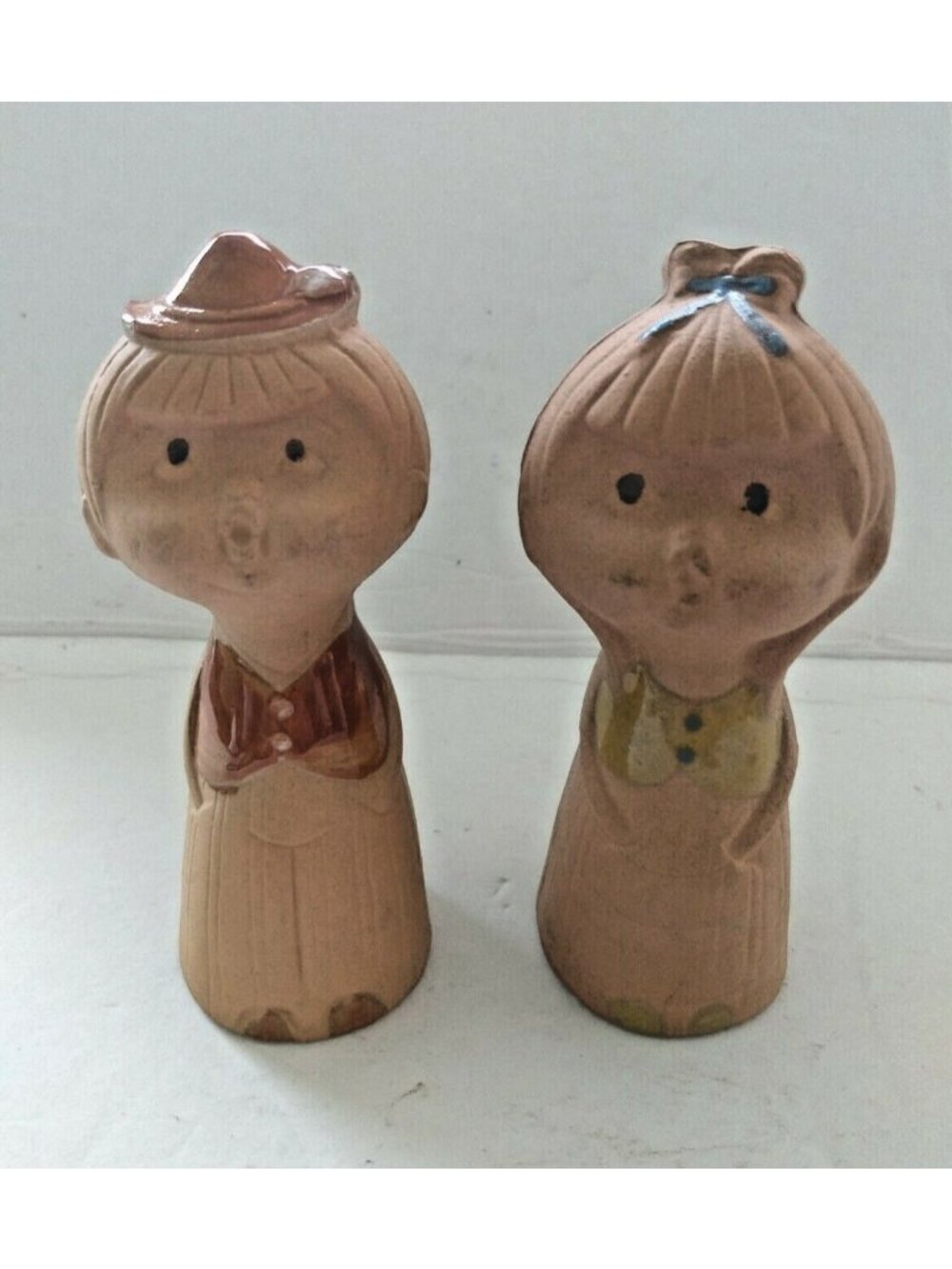 Vintage Clay Salt & Pepper Shakers Boy & Girl Hand Painted